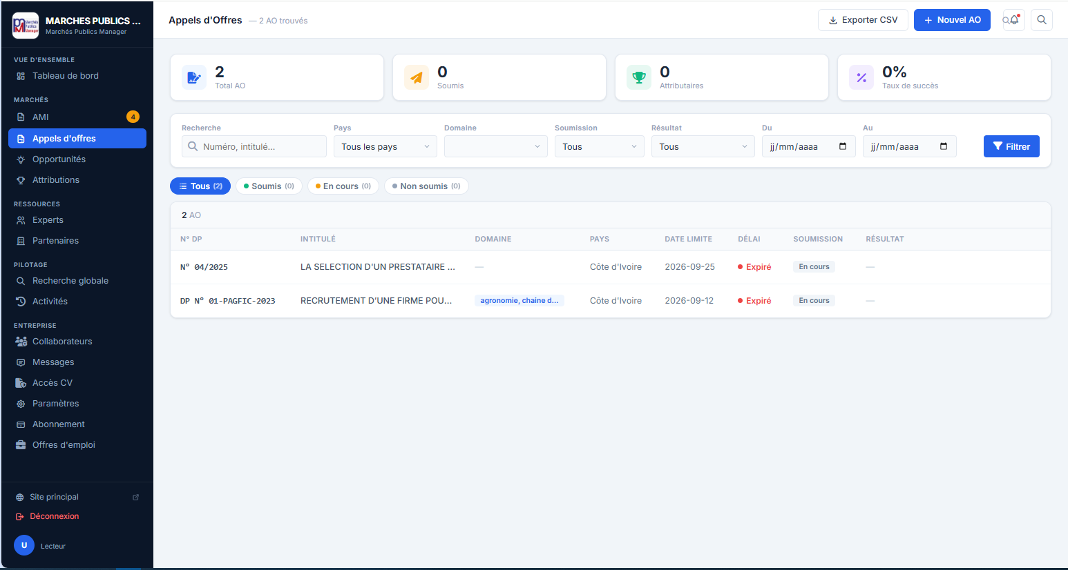 Gestion des Appels d'Offres — suivi complet